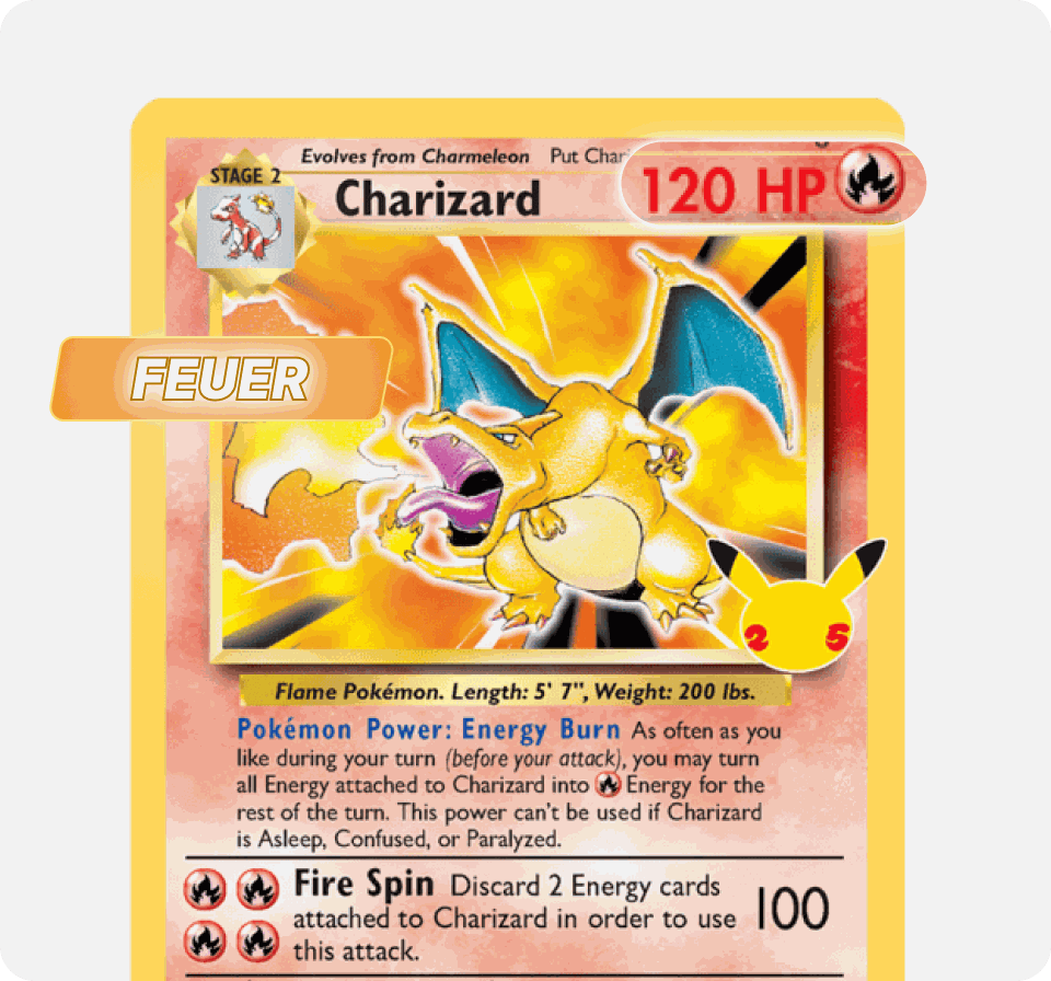 Nahaufnahme einer Charizard-Pokémon-Karte mit einem Pfeil, der auf das Feuersymbol mit der Aufschrift "Feuer" zeigt.