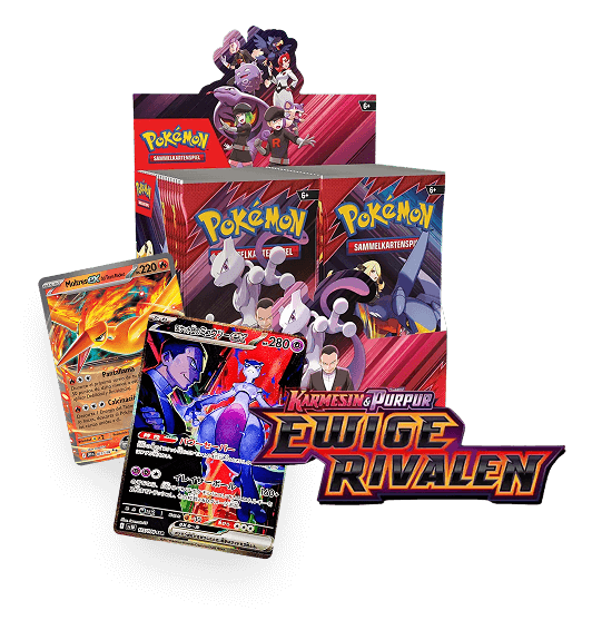 Pokémon Sammelkarten-Display der Serie „Karmesin & Purpur – Ewige Rivalen“ mit Charakteren aus Team Rocket und legendären Pokémon-Karten im Vordergrund.