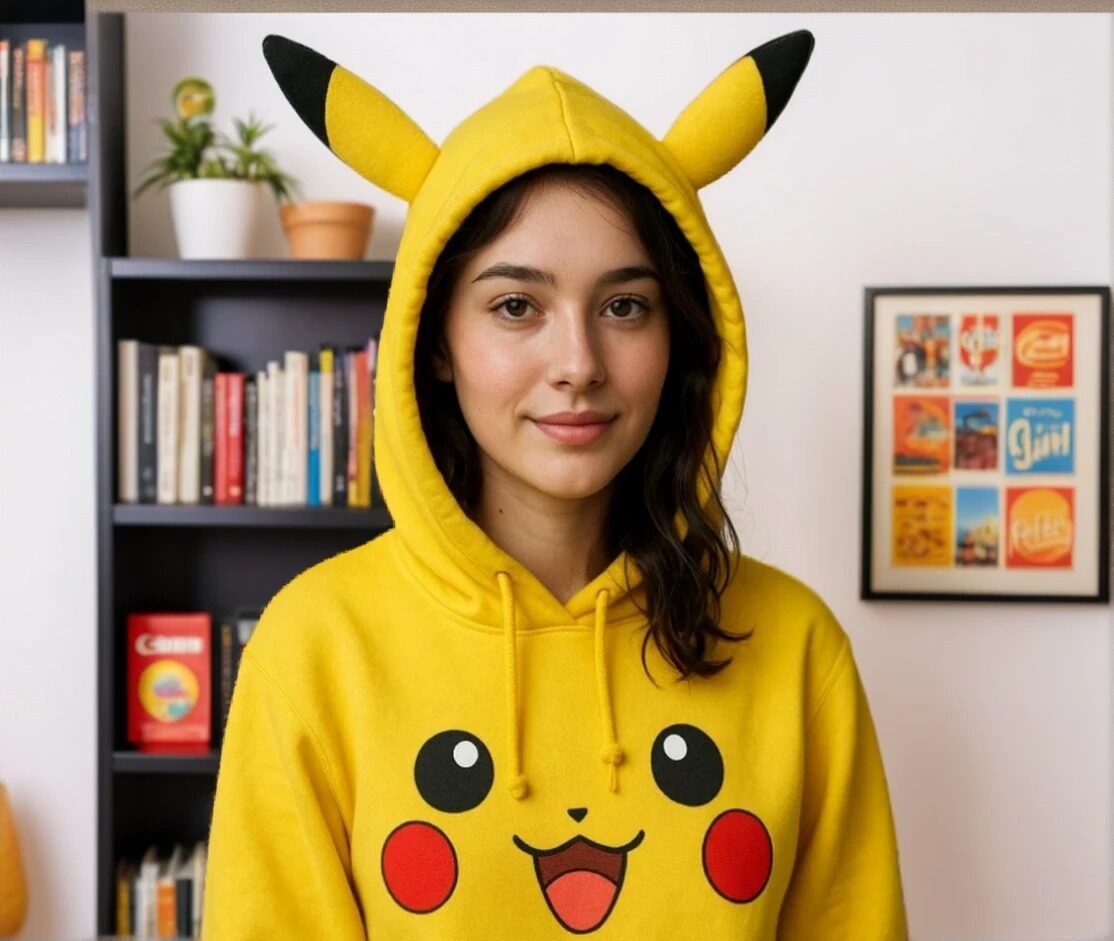 Eine Person, die einen gelben Kapuzenpullover mit Pikachus Gesicht und Ohren trägt und in einem Zimmer mit Regal und Bild steht.
