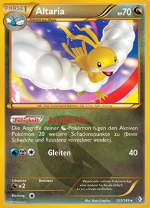 Eine deutsche Altaria-Pokémon-Sammelkarte, die den Charakter Altaria im Flug mit einem gelben und blauen Farbschema und Spieldetails zeigt.