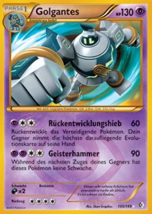 Eine deutsche Pokémonkarte mit Golgantes, 130 HP, zwei Attacken und lila und gelben Randdetails.