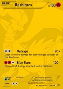 Eine Reshiram-Pokémon-Karte mit 130 HP, mit den Attacken Empörung und Blaue Fackel sowie Angaben zu Angriffsschaden, Energiekosten, Schwäche und Rückzugskosten.
