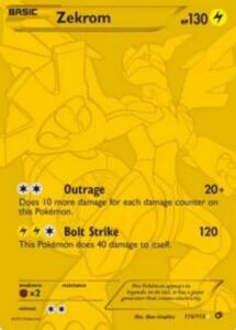 Eine gelbe Pokémon-Sammelkarte, die Zekrom mit 130 HP zeigt. Sie führt zwei Attacken auf: Empörung und Bolzenschlag, sowie deren Schaden und Effekte.
