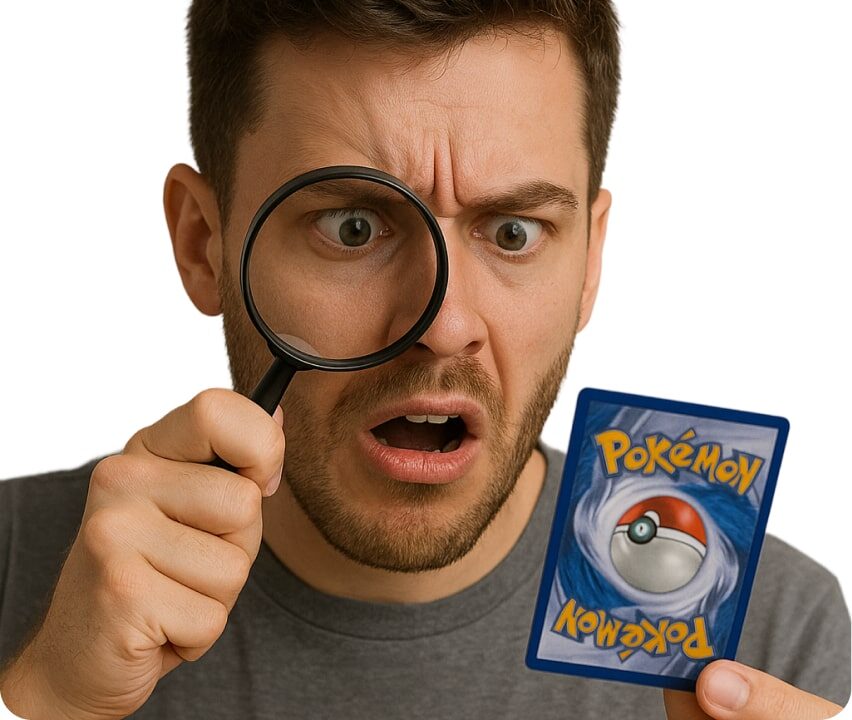 Ein Mann mit überraschtem Gesichtsausdruck untersucht eine Pokémon-Karte genau mit einer Lupe und sucht nach Anzeichen von Fälschung.