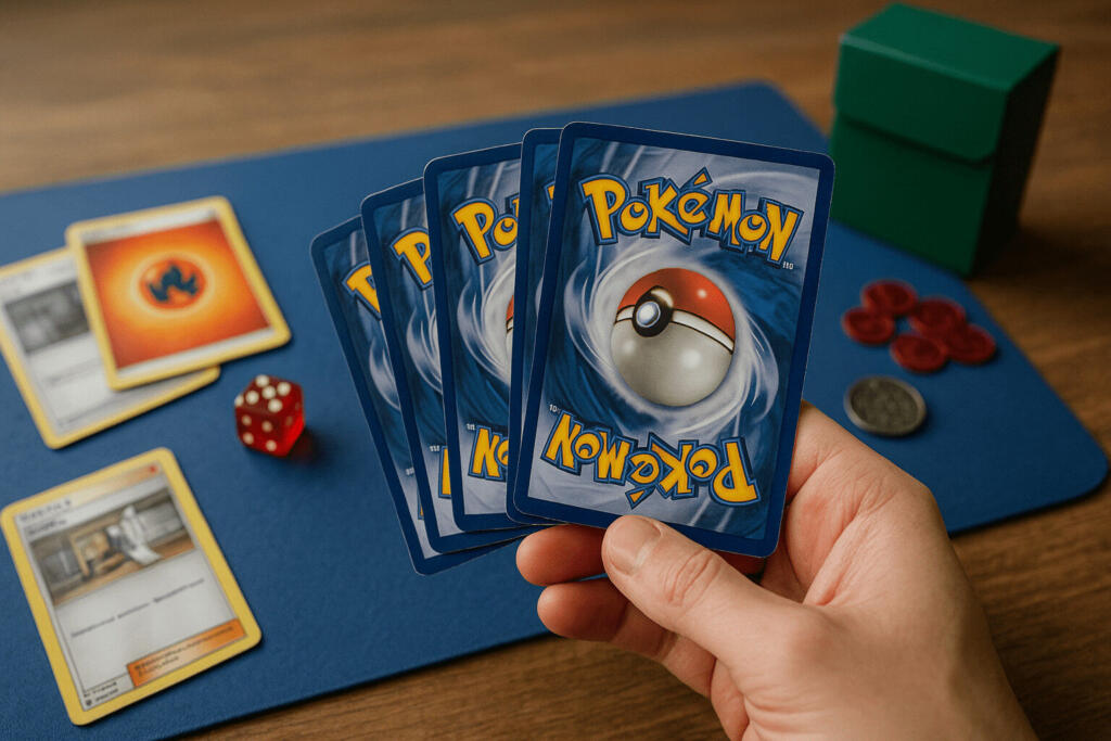 Eine Hand hält fünf Pokémon-Sammelkarten über einer Spielmatte mit anderen Karten, roten Plättchen, einer grünen Deckbox, einer Münze und einem roten Würfel - perfekte Voraussetzungen, um ein Pokémon-Deck zusammenzustellen.