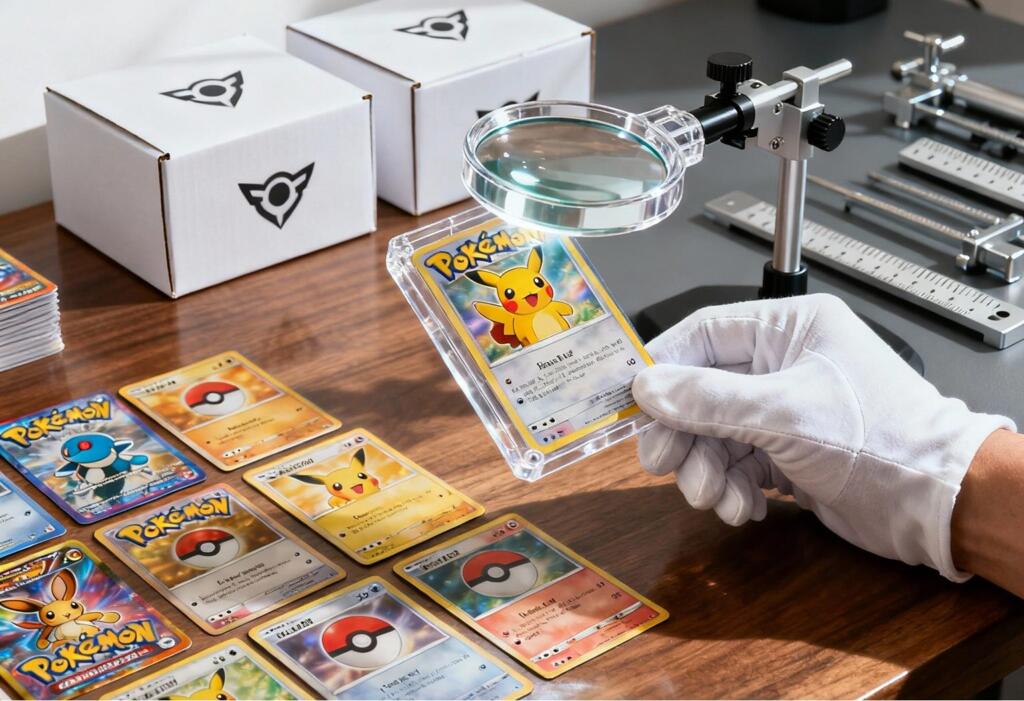 Eine behandschuhte Hand prüft mit einer Lupe eine Pikachu-Pokémon-Karte auf einem Schreibtisch mit anderen Karten, Aufbewahrungsboxen und Sortierwerkzeugen.